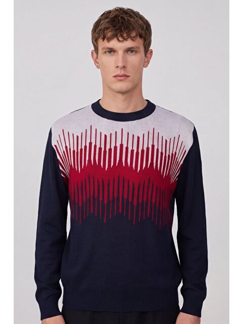 Sabri Özel Erkek Lacivert Normal Kesim Regular Fit Yünlü Dokuma Triko Kazak