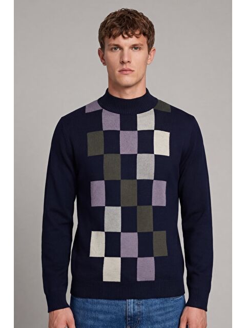 Sabri Özel Erkek Lacivert Normal Kesim Regular Fit Yünlü Dokuma Desenli Triko Kazak