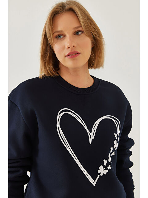 SHADE Kadın Baskılı Kalp Detaylı Bisiklet Yaka İplik Şardonlu Sweatshirt - S000372204-21164