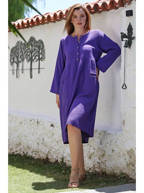 Chiccy Mor Yuvarlak Yaka Düğmeli Uzun Kollu Cepli Yıkamalı Casual Müslin Dokuma Elbise 107 60 - S000468934-20042