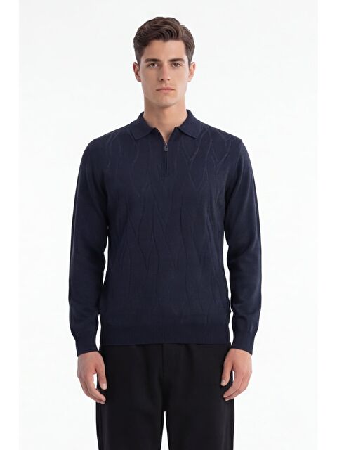 Sabri Özel Erkek Lacivert Normal Kesim Regular Fit Yünlü Fermuarlı Polo Yaka Basic Triko Kazak