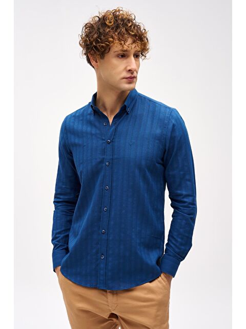 igs Lacivert Dynamic Fit  Düğmeli Yaka Çizgili Uzun Kollu Cepsiz %100 Pamuk Gömlek - S000525557-21164