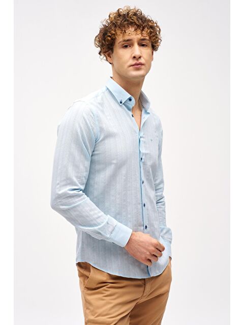 igs Mavi Dynamic Fit  Düğmeli Yaka Çizgili Uzun Kollu Cepsiz %100 Pamuk Gömlek - S000525557-17234