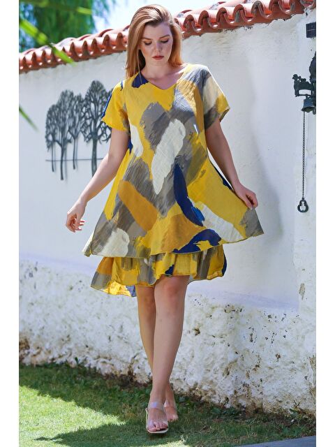 Chiccy İtalyan Sarı V Yaka Kısa Kol Desenli Astarlı Casual Keten Görünümlü Dokuma Elbise 96 64 - S000468940-20072