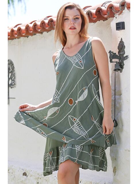 Chiccy İtalyan Haki V Yaka Kolsuz Balık Desenli Astarlı Casual Keten Görünümlü Dokuma Elbise 95 60 - S000469005-18547