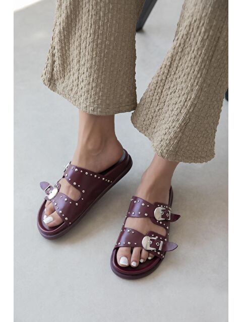 Straswans Gavi Kadın Drop Detay Günlük Konfor Deri Terlik Bordo - S000513019-19951