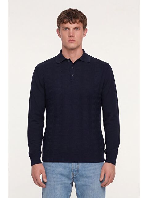 Sabri Özel Erkek Lacivert Normal Kesim Regular Fit Yünlü Düğmeli Polo Yaka Triko Kazak