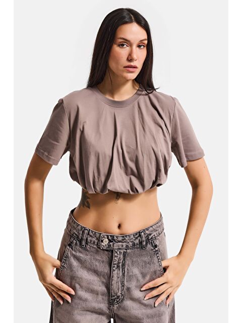 It's Basic Kadın Açık Antrasit s6-16 Crop Balon Fit T-Shirt