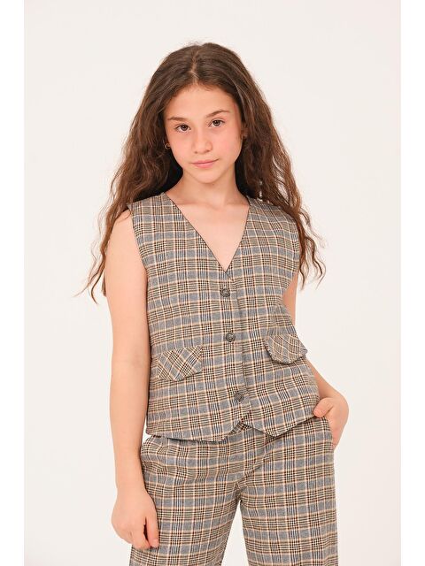 JAZZİEE Genç Kız Çocuk Ekose Desen Yelek - Kahve - S000315646-19413