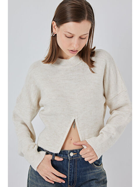 Bigdart Kadın Fermuarlı Triko Kazak 15937 - Ekru - S000435367-19965