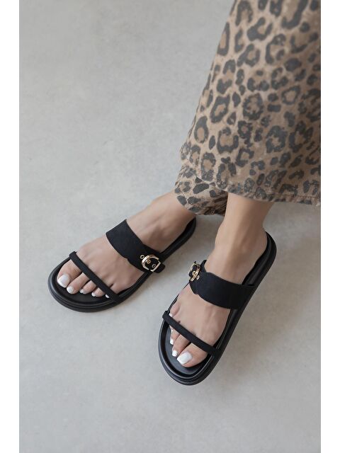 Straswans Zeus Kadın Toka Detay Günlük Konfor Süet Terlik Siyah - S000513022-19351