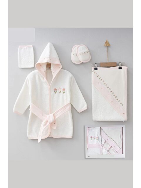 Cantoy Pudra Pembe Çiçekli  Bornoz Takımı