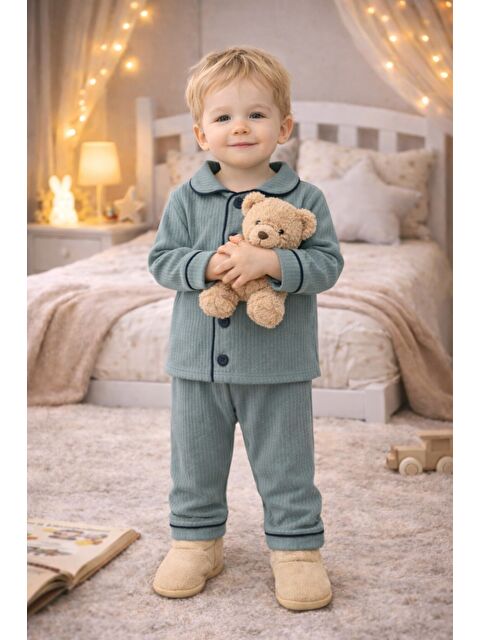 Kidex's Bebek Düğmeli Pijama Takımı Yumuşak Kumaş Uzun Kollu