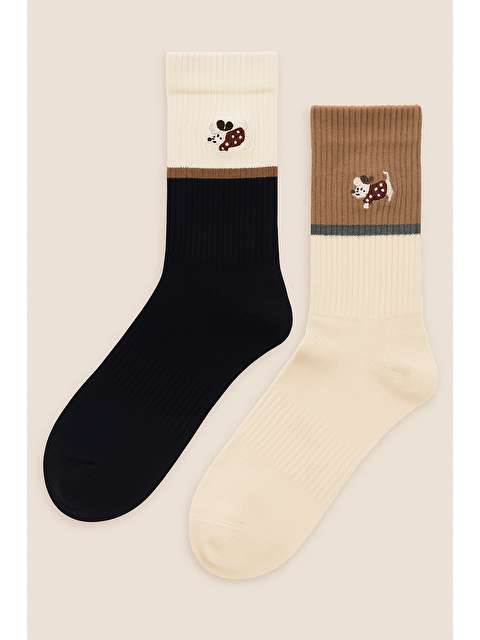 Katia And Bony Unisex 2'Li Köpek Nakışlı Soket Çorap Ekru Mix - S000480980-19965