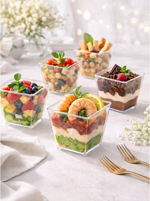 Parti Adresi Mini Kare Sunum Kasesi Şeffaf Mika Kap 200 CC 25'li