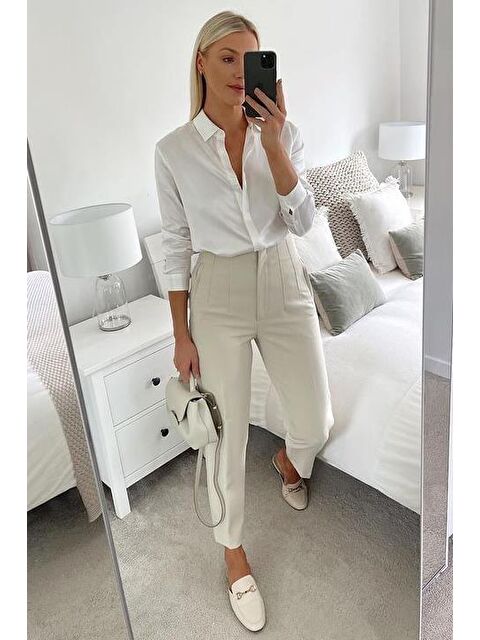 Madmext Krem Önü Biyeli Yüksek Bel Kadın Pantolon Mg2425 - S000426219-19966