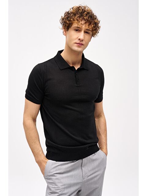 igs Siyah Slim Fit Dar Kalıp Polo Yaka Düz Kısa Kollu Triko Tişört - S000490100-19351