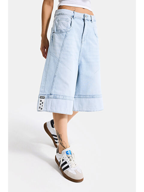 It's Basic Kadın Ice Renk 4s6-3 Baggy Fit Maxi Boy Özel Tasarım Denim Bermuda Şort