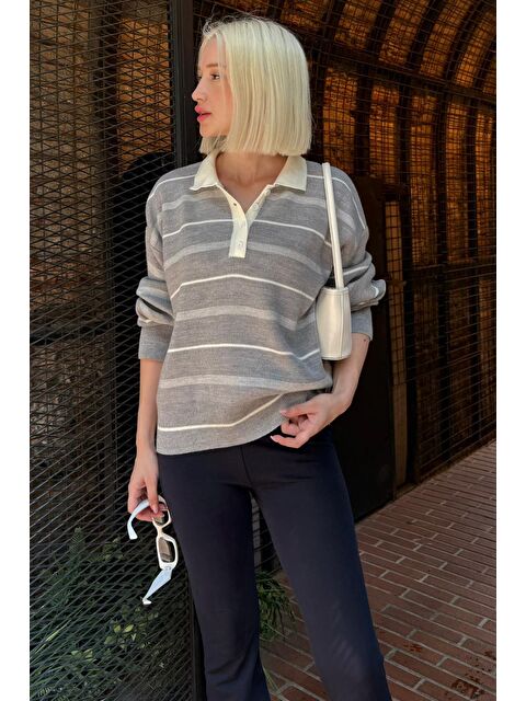 Madmext Gri Çizgili Polo Yaka Kadın Kazak Mg2476 - S000440066-20600