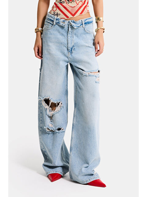 It's Basic Kadın Jean Rengi 4s6-32 Straight Fit Kemer Detaylı Özel Tasarım Denim Jean