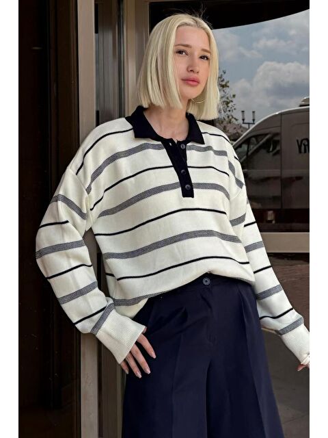 Madmext Kemik Rengi Çizgili Polo Yaka Kadın Kazak Mg2476 - S000440066-16277