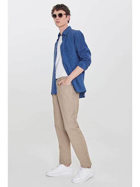 Altınyıldız Classics Erkek Bej Pamuklu Slim Fit Dar Kesim 5 Cepli Armürlü Esnek Pantolon