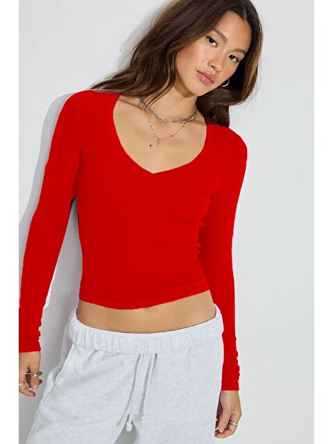 Madmext Kırmızı V Yaka Uzun Kollu Kaşkorse Body Mg2192 - S000439989-20045