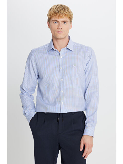 AC&Co / Altınyıldız Classics Erkek Mavi Haki Ütü Gerektirmeyen %100 Pamuk Slim Fit Klasik Yaka Armürlü Gömlek