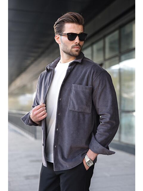 Madmext Füme Düğmeli Kadife Erkek Gömlek E6766 - S000465694-33408