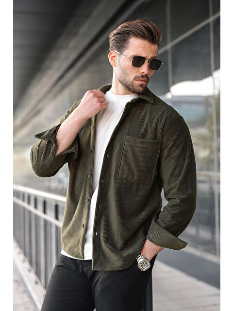 Madmext Haki Düğmeli Kadife Erkek Gömlek E6766 - S000465694-18547