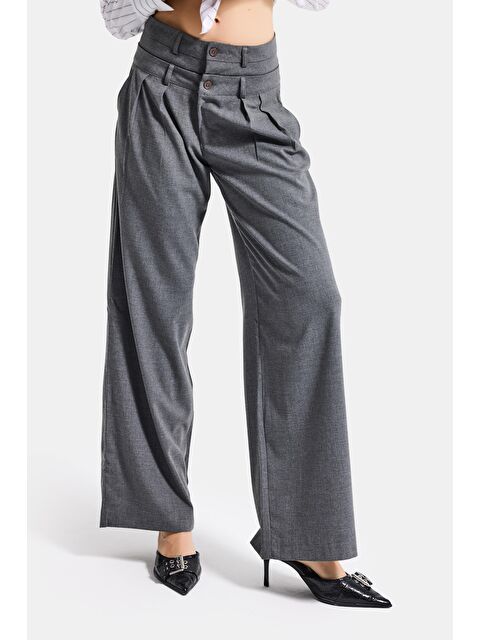 It's Basic Kadın Antrasit s6 Tailored Fit Bol Kesim Çift Kemer Tasarım Poliviskon Kumaş Pantolon