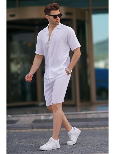 Madmext Beyaz Erkek Gömlek Şort %100 Pamuk Takımı 5956 - S000185547-20063