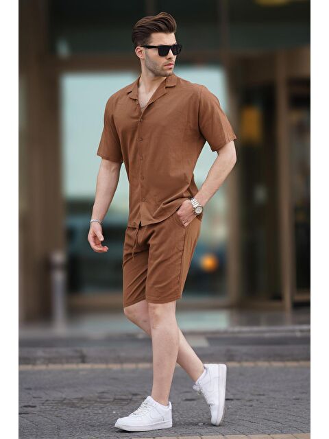 Madmext Camel Erkek Gömlek Şort %100 Pamuk Takımı 5956 - S000185547-4557