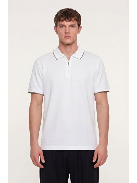 Sabri Özel Erkek Beyaz Normal Kesim Regular Fit %100 Pamuk Fermuarlı Polo Yaka Tişört