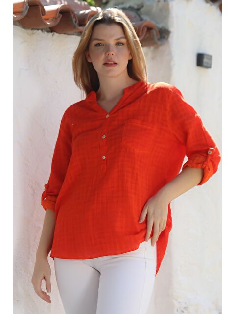 Chiccy Organik Pamuk Turuncu Hakim Yaka Düğmeli Uzun Kollu Dokulu Tek Cepli Yıkamalı Dokuma Bluz 70 60 - S000469015-20013