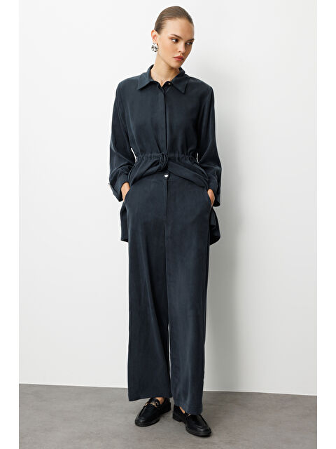Mizalle Geniş Paça Beli Lastikli Siyah Cupro Pantolon - S000443589-19351
