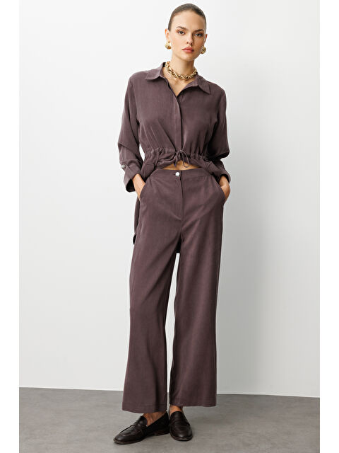 Mizalle Geniş Paça Beli Lastikli Kahverengi Cupro Pantolon - S000443589-19413