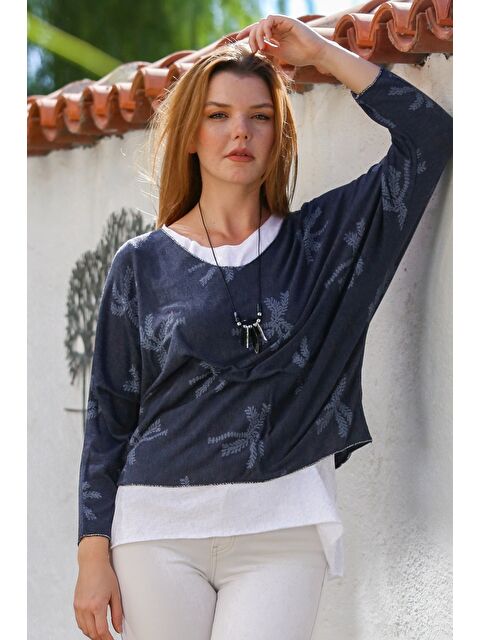 Chiccy İtalyan Lacivert Havuz Yaka Uzun Kol Desenli İnce İkili Set İçi Kolsuz Penye Triko Bluz 70 60 - S000469016-21164