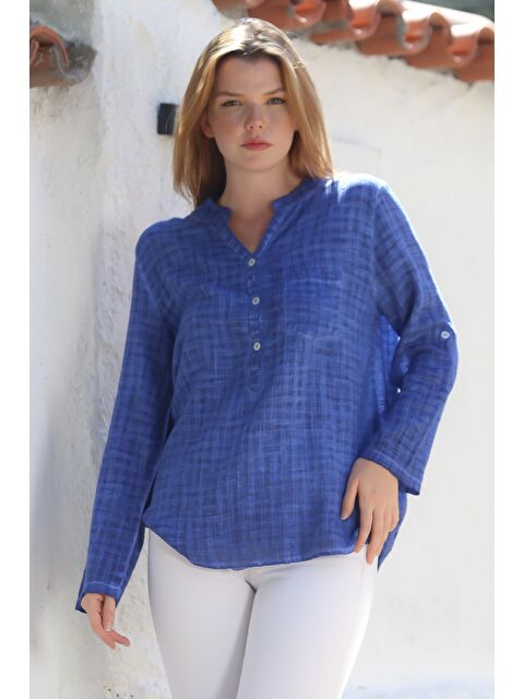 Chiccy Organik Pamuk Jean Mavisi Hakim Yaka Düğmeli Uzun Kollu Dokulu Tek Cepli Yıkamalı Dokuma Bluz 70 60 - S000469015-17234