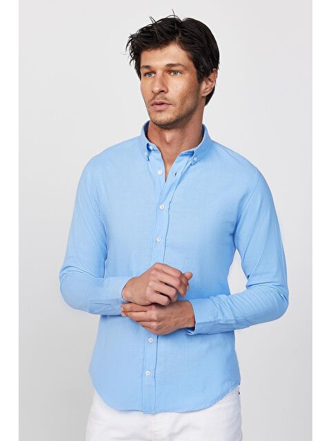 TUDORS Slim Fit Uzun Kollu Biyeli Yaka Düğmeli Keten Mavi Erkek Gömlek