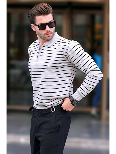 Madmext Gri Polo Yaka Çizgili Fermuarlı Örme Kazak 7243 - S000244241-20600