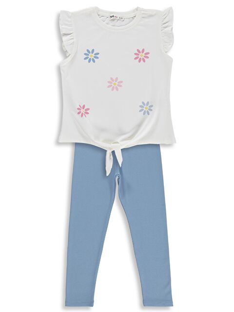 Civil Girls Çiçek Baskılı 6-9 Yaş Takım - Kırık Beyaz-Açık İndigo