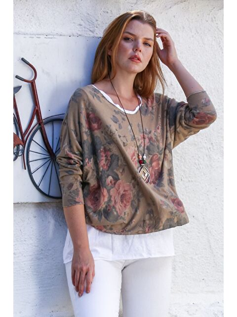 Chiccy İtalyan Camel Havuz Yaka Uzun Kol Desenli İnce İkili Set İçi Kolsuz Penye Triko Bluz 70 60 - S000469025-4557