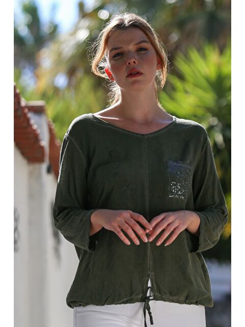 Chiccy Haki Havuz Yaka Uzun Kol Bağlamalı Pullu Cepli Dokuma Bluz 70 60 - S000469026-18547