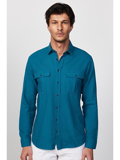 TUDORS Erkek Regular Fit Klasik Kesim %100 Pamuk Keten Doku Çift Cep Petrol Renk Gömlek