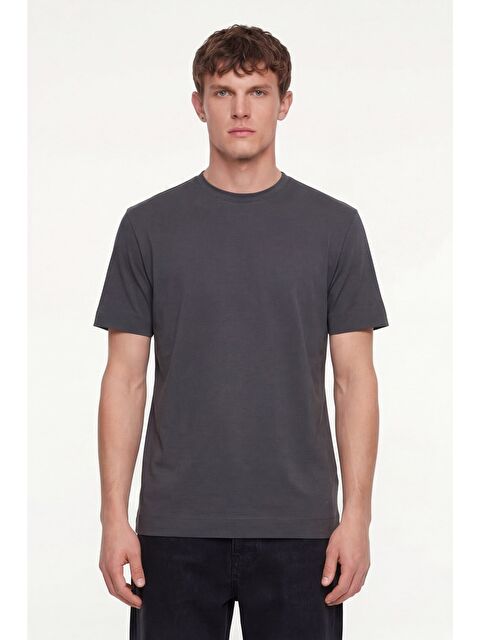 Sabri Özel Erkek Füme Normal Kesim Regular Fit %100 Pamuk Dokuma Bisiklet Yaka Basic T-Shirt