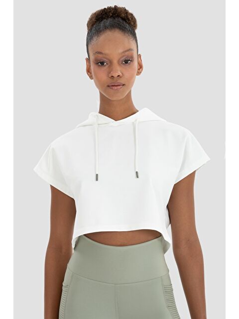 Superstacy Alice Kapüşonlu Kısa Kollu Krem Crop Sweatshirt - S000222280-19966