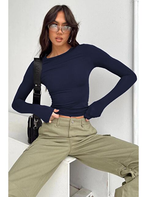 Madmext Lacivert Bisiklet Yaka Basic Uzun Kollu Body Mg1701 - S000122837-21164