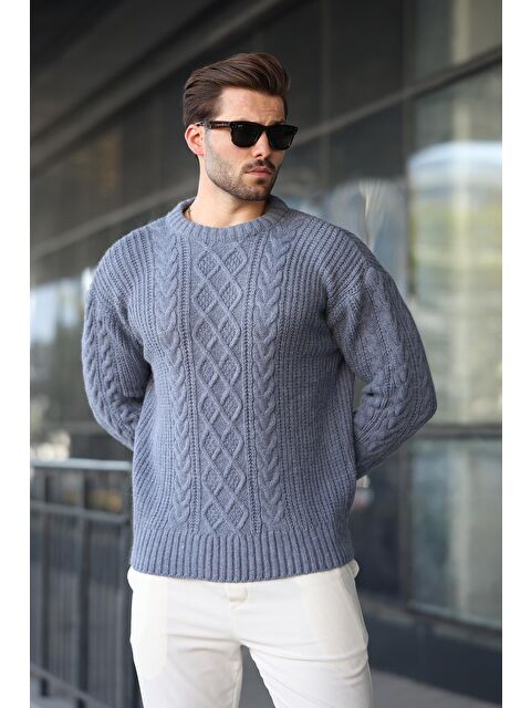 Madmext İndigo Örgü Desenli Triko Erkek Kazak E7425 - S000442766-23093