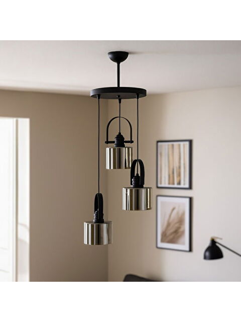 Nisa Luce Heybeli 3'lü Çift Cam Avize - Siyah / Füme / Beyaz - 85x30x30 cm